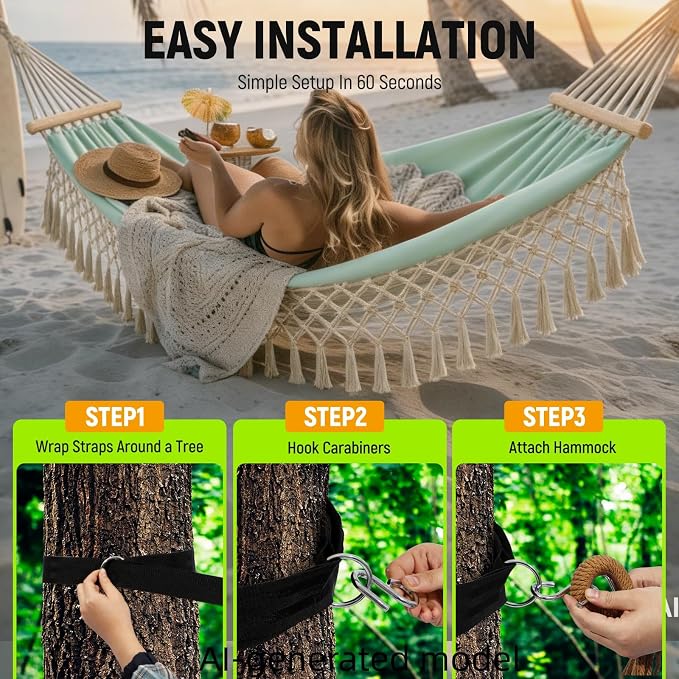 Bohemian Canvas Hammock with Tassels, Mint Green, 79"x39" | Soft Breathable Cotton Canvas Hammock,79x39in,2 Hanging Straps Wooden Bar;3 colors,compact for students renters dorm balcony