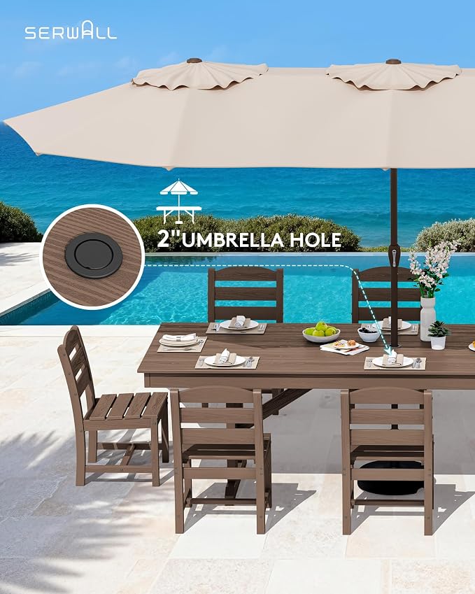 SERWALL 10 Piece Outdoor Dining Set with 15ft Triple-Head Foldable Umbrella, 84" HDPE Outdoor Table and Armless Chairs Set for 8，All Weather Patio Furniture Set with Umbrella Hole for Backyard, Brown