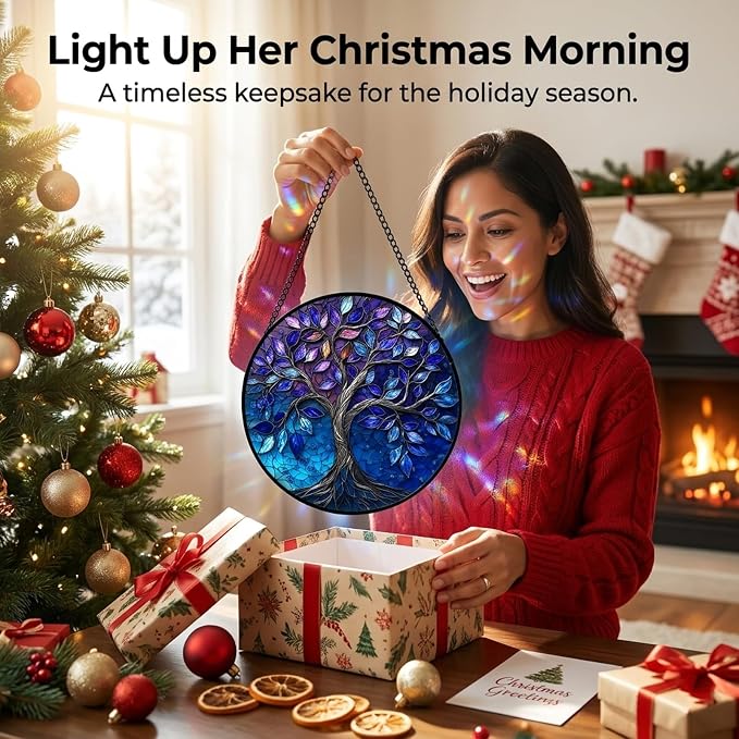 Birthday Gifts for Women - Blue Tree of Life Faux Stained Glass Window Hanging Sun Catcher for Door Garden Acrylic Decor Mother's Day Christmas for Mom Nana Grandma Sisters Wife 6.3"