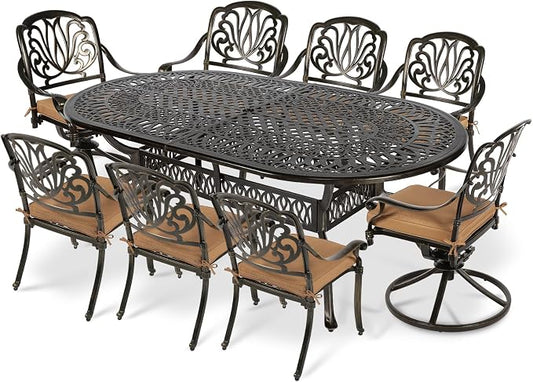 VIVIJASON 9-Piece Outdoor Furniture Dining Set, All-Weather Cast Aluminum Patio Conversation Set, Include 6 Stationary Chairs, 2 Swivel Dining Chairs and an Oval Table with Umbrella Hole