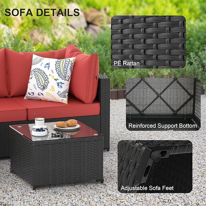 Patio Furniture Set, 5PCS Patio Sectional with Ottoman Wicker Rattan Outdoor Furniture with Thickened Cushion Modular Wicker Patio Conversation Set with Glass Top Table for Balcony, Backyard(Red)