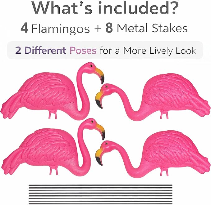 GiftExpress Pink Flamingos Yard Decorations - 4 Pack Extra Large 24" Tall Plastic Flamingo Statue w/Metal Stakes - Lawn Ornaments & Garden Decor for Outdoor Parties