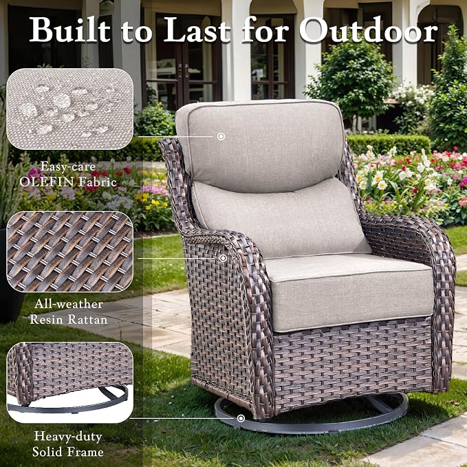 Luxury Outdoor Furniture Set with 6-Inch Thick Cushions, High Back Swivel Patio Chairs with Ottomans & Side Table, Wicker Outdoor Swivel Chairs Set for Porch, Yard, Deck, Poolside, Brown/Beige