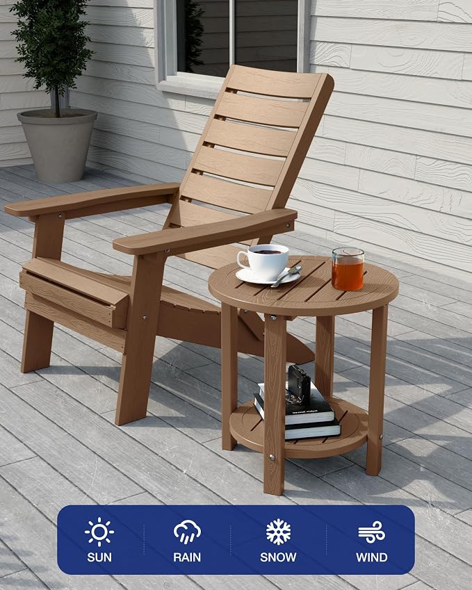 YEFU Outdoor Side Table for Patio: 16in HIPS Small Round Outdoor End Table - 2-Tier Adirondack Tables for Patio Porch Yard Poolside Living Room Beach Bedroom (Teak, 1 Pack)