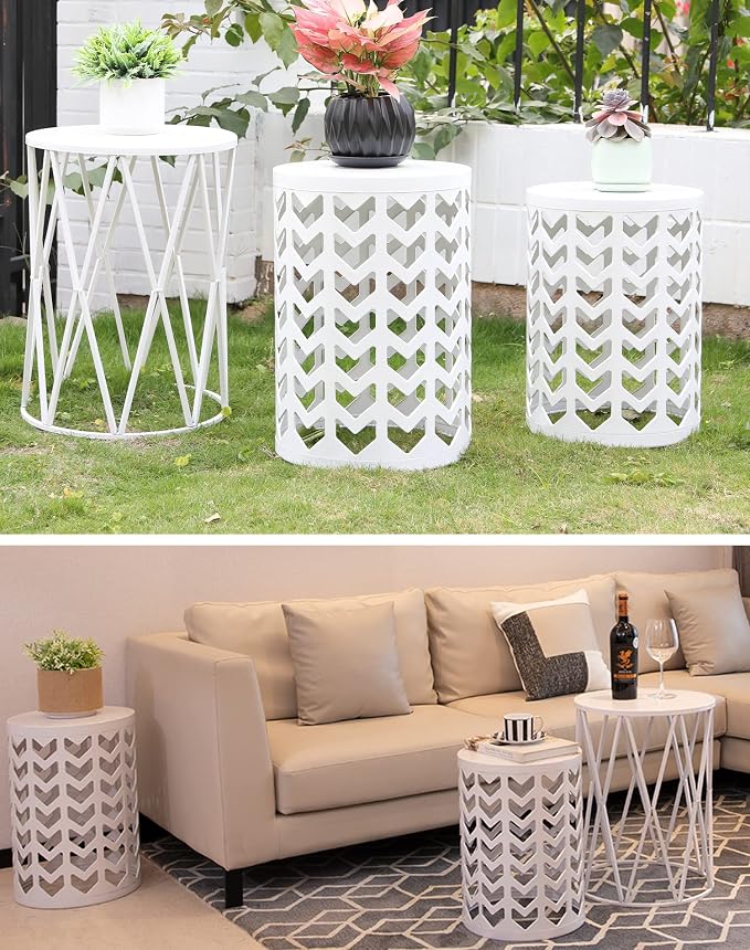 Y&M Outdoor Side Tables Set of 3, Nesting Patio Side End Tables for Outside, Round Heavy Duty Metal Stacking Accent Tables for Patio Balcony Garden Indoor, White