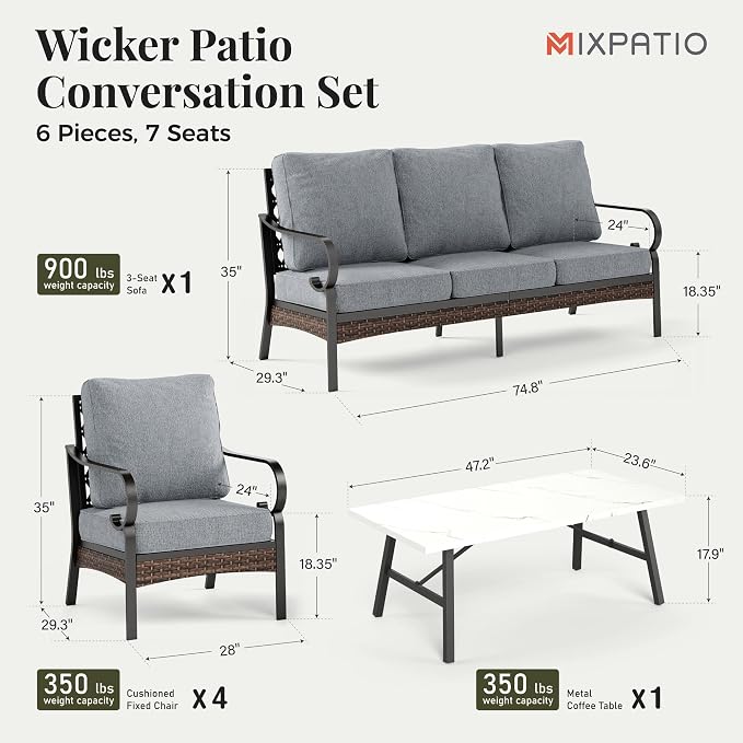 MIXPATIO Patio Furniture Set with Coffee Table, Outdoor Conversation Set with 4 x Fixed Chairs, 1 x 3-Seat Sofa for Lawn Garden Backyard, Grey