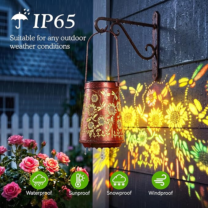 2 Pack Sunflower Solar Lanterns Outdoor Solar Lights | Sunflowers & Dragonfly, Waterproof Metal Hanging Lights for Patio, Pathway & Yard, Garden Decor Gifts for Women Mom & Grandma