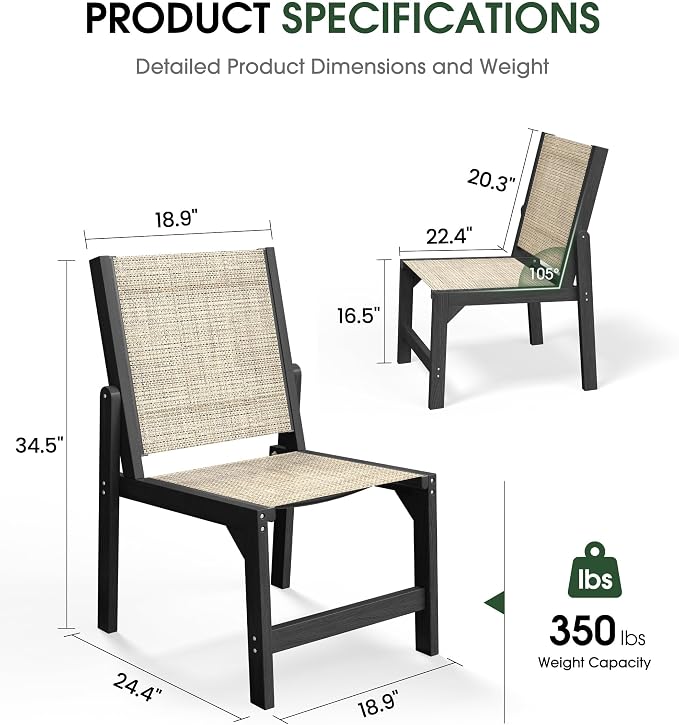 Patio Stackable Chairs Set of 2, HDPE Armless Outdoor Dining Chairs with Wide Seat, All-Weather Textilene Oversized Porch Chair for Garden, Poolside, Backyard, Deck | Black