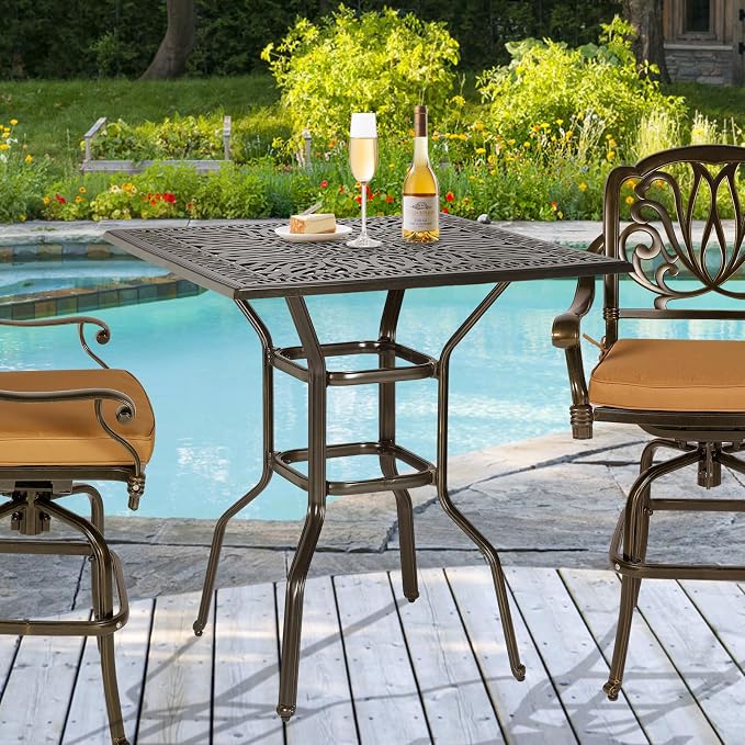 Cast Aluminum Patio Bar Table, 35.4" Outdoor Bar Height Bistro Table with 2.2" Umbrella Hole, Patio Bistro Square High Top Dining Table Pub Table for Porch Balcony Backyard, Dark Bronze