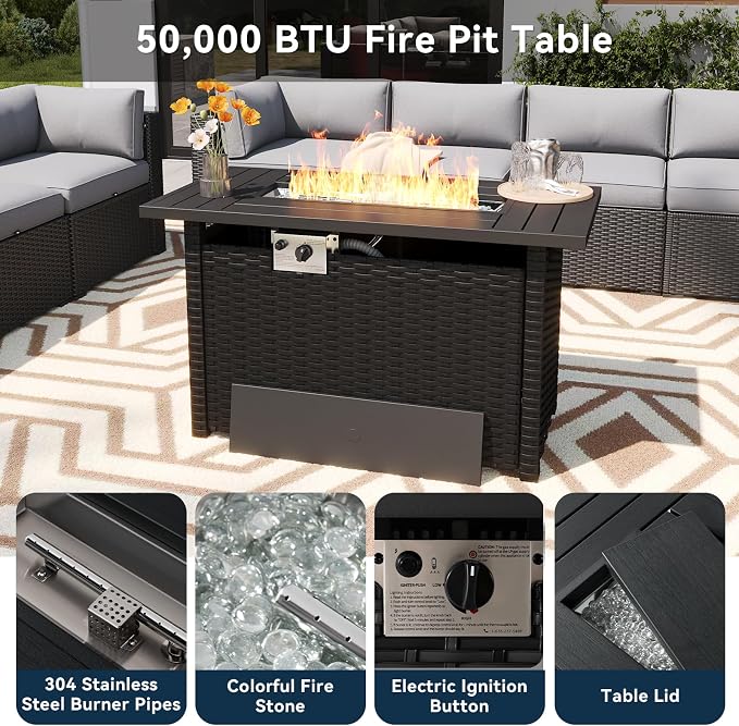 LazySunsets 12 Piece Outdoor Patio Furniture Set with 44'' Fire Pit Table, Outdoor Patio Furniture Sets with 4'' Thicken Cushion, Wicker Rattan Outdoor Conversation Set for Backyard, Light Grey