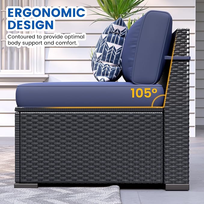 8 Piece Patio Furniture Set with 44” Fire Pit Table All-Weather Wicker Conversation Sectional Sofa & Coffee Table with Thickened Cushions for Backyard, Garden(Navy Blue)