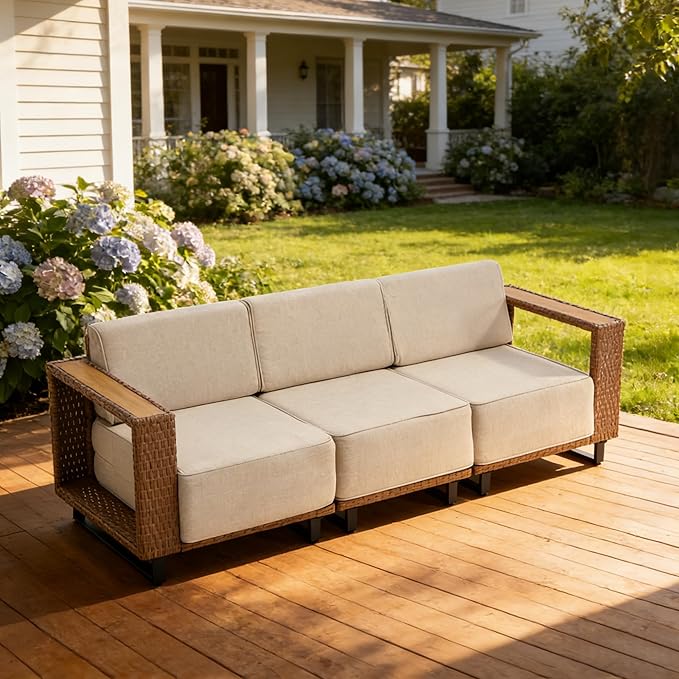 MOCHITO 3 Pieces Outdoor Patio Furniture Sets, All-Weather Sectional Sofa PE Rattan Wicker Conversation Set, Outdoor Patio sectional for Poolside, Porch, Lawn, Garden, Balcony(Beige)