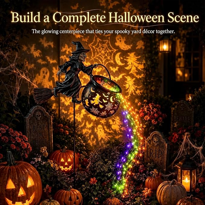 Halloween Witch Cauldron Garden Light, Colorful Waterfall-Style Light Flow Flying Witch Garden Stake, Halloween LED Projector Lights Decorations Outdoor for Yard Lawn Patio