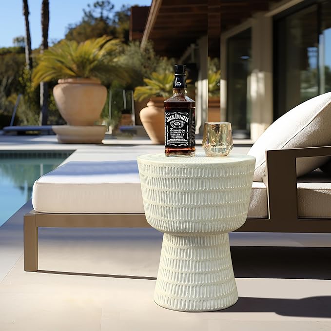 LuxenHome Outdoor Side Table, 15'' Off White Round Spiral Pattern Accent End Table, Indoor Outdoor Coffee Tables for Patio, Living Room, Backyard,Garden Stool and Plant Stand
