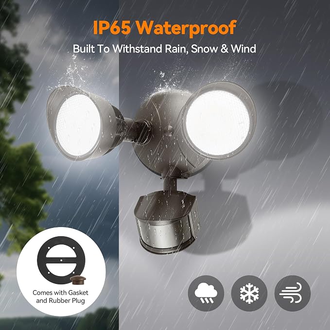 45W 5500LM PIR Motion Sensor Outdoor Lights, Dual Head LED Flood Light, 5000K Daylight, IP65 Waterproof Hardwired Dusk to Dawn Motion Detector Security Light for Outside Garage Yard (Brown)