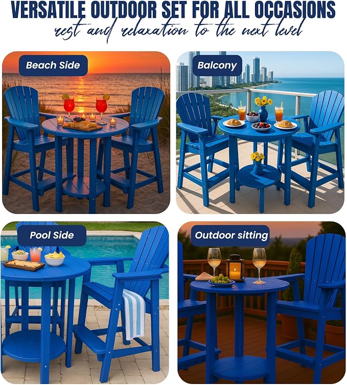 Phat Tommy Round Bar Height Patio Table - Outdoor Bar Table - Balcony Height Patio Furniture for Your Deck - Poly Outdoor Furniture, Blue