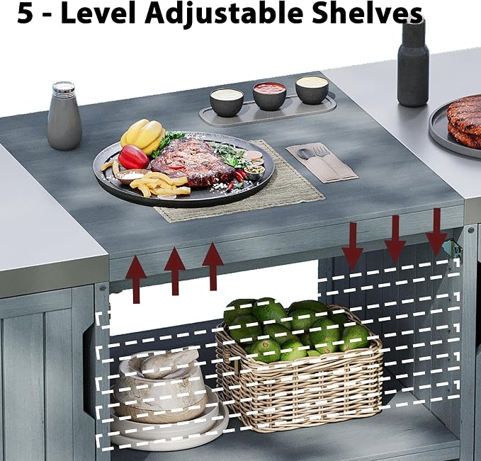 66.5" Large Outdoor Kitchen Island for Big Green Egg Grill, Outdoor Patio Bar Table with Stainless Steel Top and Adjustable Shelf, Rolling Grill Table Cart for Outside, Kitchen, BBQ, Grey Blue