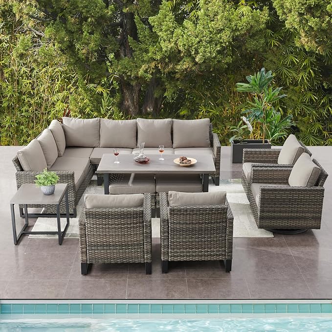 Belord Outdoor Sectional Furniture with Swivel Rocker Chair, 10 Pieces Wicker Patio Furniture Sets with Ottoman L Shaped Sofa Coffee Table Grey Cushion