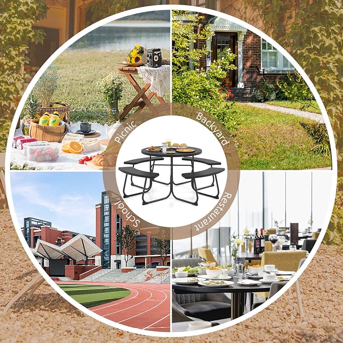 Round Picnic Table for 8 Person, Outside Table Bench Set w/ 4 Built-in Benches, Umbrella Hole, HDPE Top & Metal Frame, 2000LBS Capacity Outdoor Picnic Table for Garden, Porch, Patio (Black)