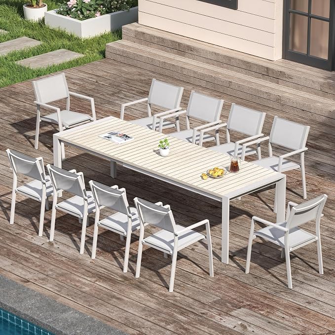 11-Piece Extendable Patio Dining Set for 10 Person, Oversized Expandable Outdoor Dining Table and 10 Stackable Dining Chairs, Aluminum Outdoor Table and Chairs Set for Backyard, Deck, Poolside