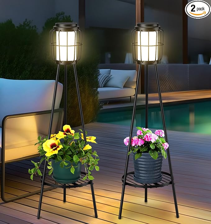VISFLAIR 2 Pack Solar Lights with Plant Stand, Outdoor Floor Lamps, Waterproof Solar Powered Floor Lamps for Patio Deck Porch Yard Garden Decor