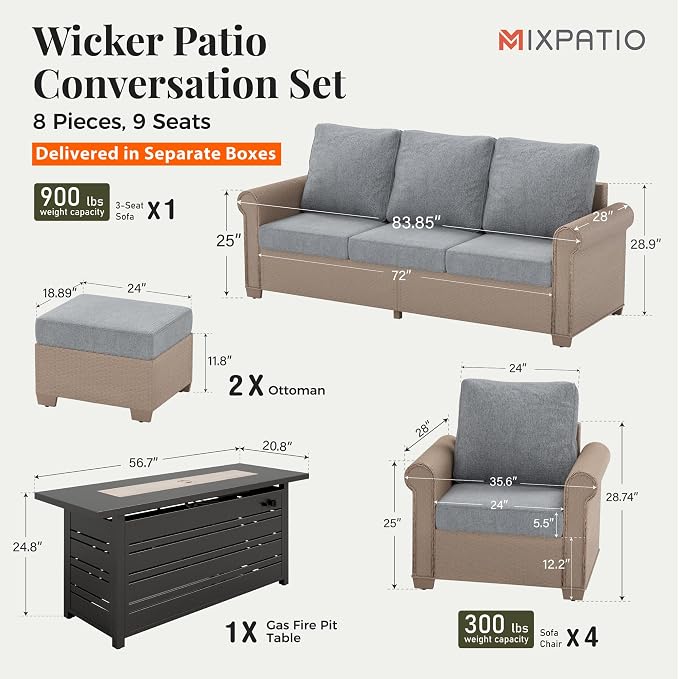 MIXPATIO Patio Furniture Set 8 pcs, Wicker Outdoor Patio Furniture, 3-Seat Sofa, 4 Single Chairs, 2 Ottomans and 56" Gas Fire Pit Table, Rattan Patio Conversation Set for Backyard Deck, Grey
