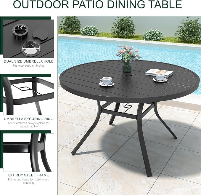 Anmutig Round Outdoor Dining Table, 48 Inch All-Weather Patio Table with Adjustable Umbrella Hole for Deck Lawn Garden Backyard Balcony Deck, Black Metal Frame Slatted Tabletop