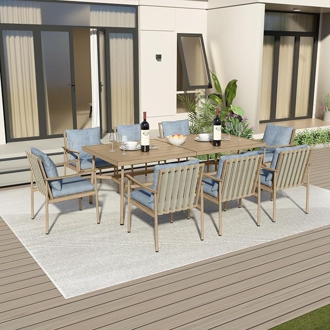 9-Piece Outdoor Dining Set for 8, Aluminum Dining Set with Cushions, 8 Dining Chairs with Rope Backrest, Large Rectangular Table with Umbrella Hole, Patio Dining Set for Lawn Porch Yard,Brown