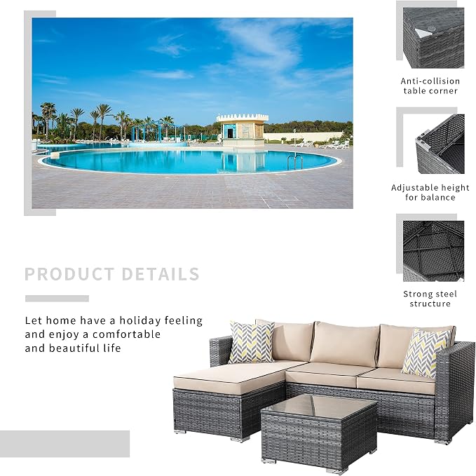 SUNLEI 3-Piece Patio Sectional Sofa, Patio Furniture Set with Detachable Soft Cushions, All Weather Outdoor PE Wicker Patio Conversation Sofa Set with Glass Coffee Table & ottoman, Silver Rattan/Beige