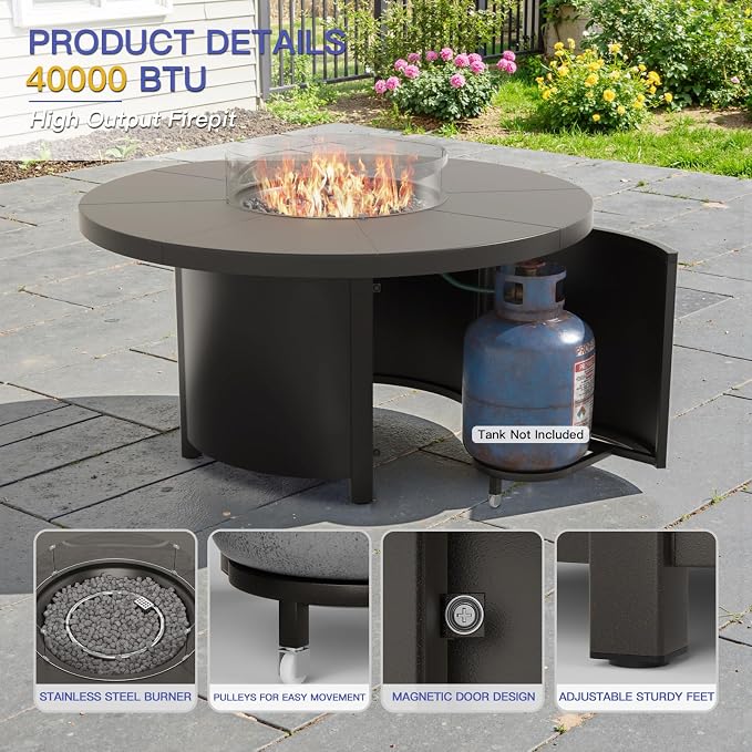 Kurapika 5 Piece Metal Outdoor Patio Furniture Set with Round Fire Pit Table, Patio Conversation Sets 4 Fixed Chairs with Thick Cushion and 40000 BTU Fire Pit Table, Navy Blue