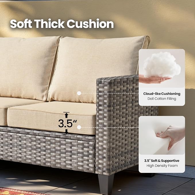4 Piece Wicker Patio Furniture Set with Solar Table, Beige | Outdoor Deep Seating Sofa Chair, Solar Lights Table, All Weather Rattan, Modern Conversation Set, Porch Deck Backyard