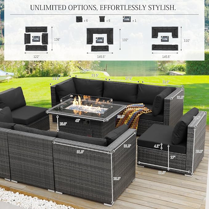 BULEXYARD 13 Piece High Back Patio Furniture Sets with Firepit, Luxury Outdoor Seating Sectional Couch 12-Person Modular, Comfortable Extra Large Wide Deep Backyard Conversation Sofa Set, Grey & Black