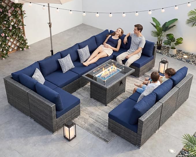 BULEXYARD 11 Piece High Back Patio Furniture Set with Fire Pit Table, Extra Deep Wide Seat Outdoor Sectional Sofa, All-Weather Wicker Modular Conversation Couch 10-Seats for Deck, Grey & Navy Blue