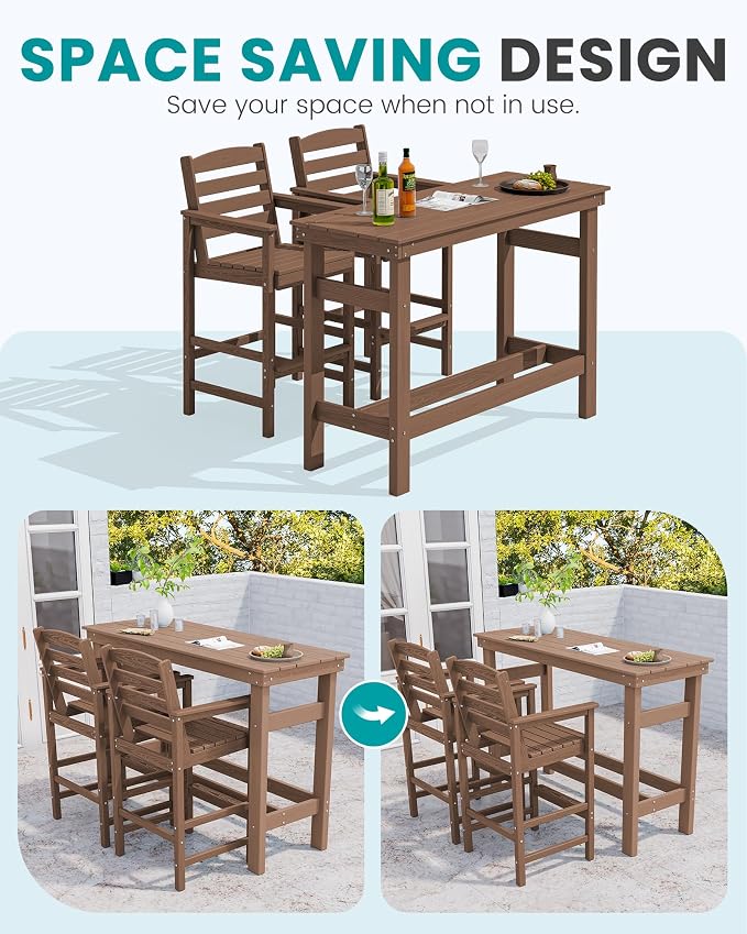 SERWALL 41" Outdoor Bar Table, All Weather HDPE Patio Bar Counter Height Table, Rectangle Patio Bar Table for Outside, Garden, Backyard, Balcony, Poolside, Brown