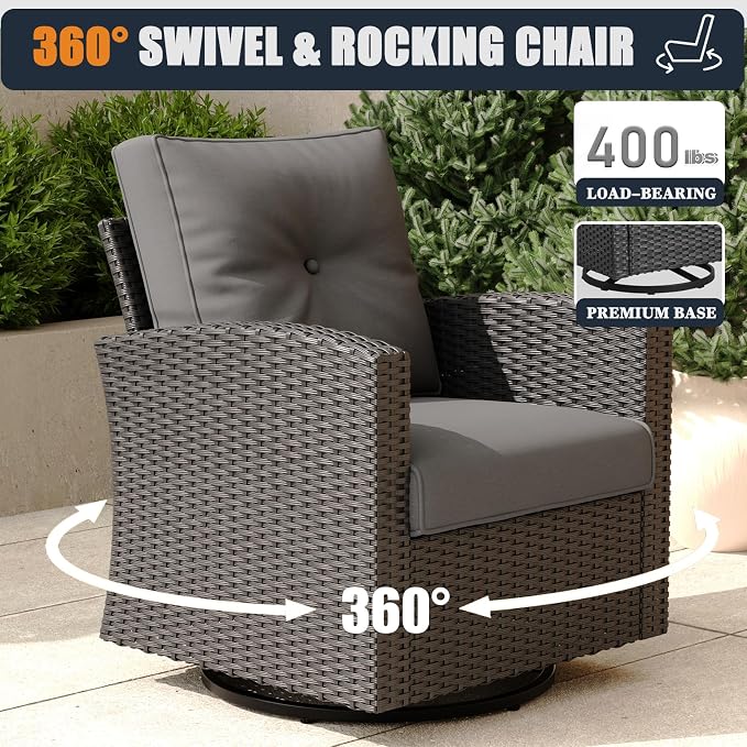 Patio Furniture Set with Fire Pit Table, 15 Pieces Outdoor All-Weather Wicker Conversation Sectional Chair Sofa Set with 4 Swivel Chairs
