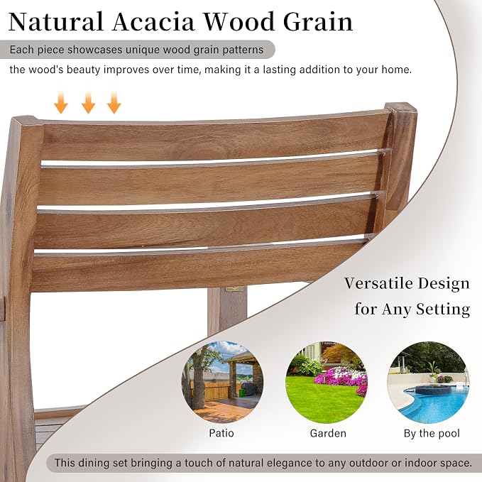 5-Piece Outdoor Patio Dining Set, All-Weather Acacia Wood 47.2" Round Dining Table with 4 Armchairs and Slatted Design for Backyard, Balcony, Garden, Poolside (Light Brown-4.11)