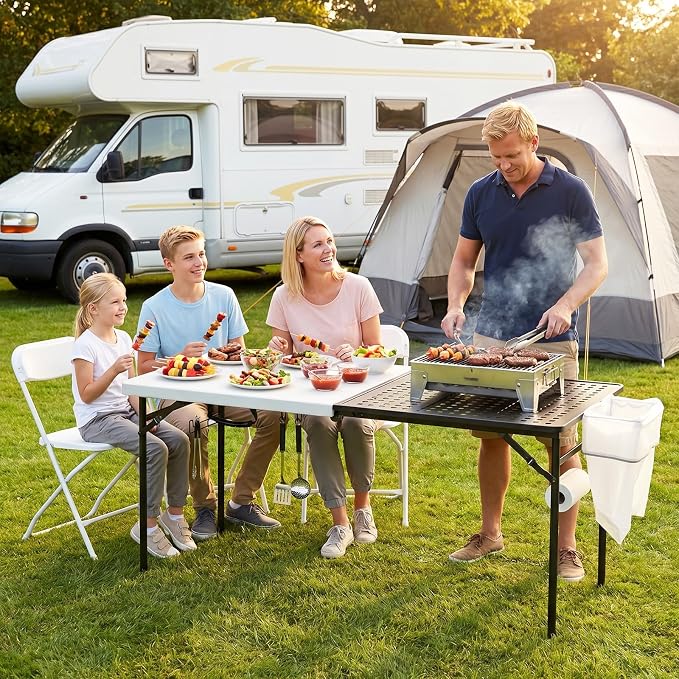 2 Pack 5ft Folding Table for Picnic Camping, Portable Outdoor Table with Metal Grid Grilling Surface, Heavy Duty Foldable Table for Cook Prep,Suitable for Camping, Backyard, Patio and Beach.