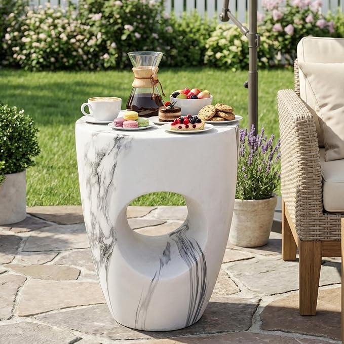 Christopher Knight Home 19.29 Inch Modern Round MGO Side Table with Cutout Design, Indoor Outdoor Accent Table for Garden Patio Living Room, No Assembly Required