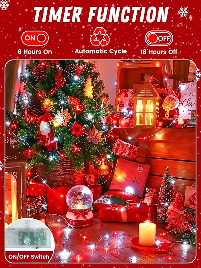 4Pack 60LED Fairy Lights Battery Operated with Timer, 20 FT Red and White | Cuttable Copper Wire, Waterproof Battery String Lights for Indoor Outdoor, Wedding, Bedroom, Home, DIY, Christmas Decorations