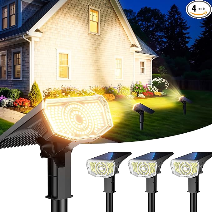 Solar Spot Lights Outdoor Waterproof IP65, 100 LED Solar Lights Outdoor | Super Bright Solar Spotlights 3000K&2 Lighting Modes , 2-in-1 Ground Spike & Wall Mount Solar Landscape Spotlights for Yard