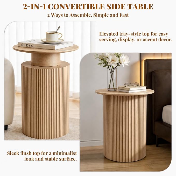 24" Fluted End Table Reversible, Hidden Storage, Natural Oak | Mid Century Modern Nightstand, Bedside Table, Cylinder Side Table, Pre-Threaded MDF, for Bedroom Living Room Office