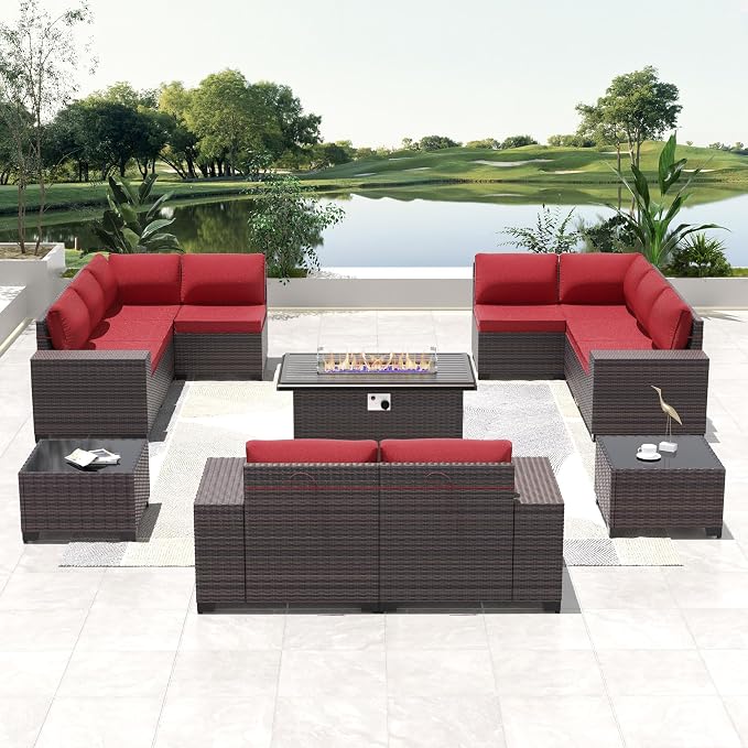 13 PCS Outdoor Patio Furniture Set,Outdoor Sectional Furniture with 43" 55000 BTU Gas Propane Fire Pit Table,All Weather PE Rattan Wicker Patio Conversation Set,Red