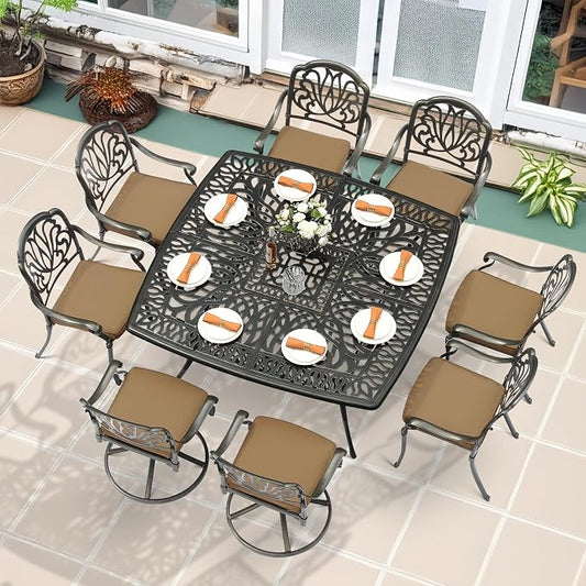 MEETWARM 9-Piece Outdoor Patio Dining Set for 8, All Weather Cast Aluminum Patio Funiture Table and Chairs Set- Large 64" Square Table and 2 Swivel Rocker Chairs, 6 Stationary, Umbrella Hole, Khaki