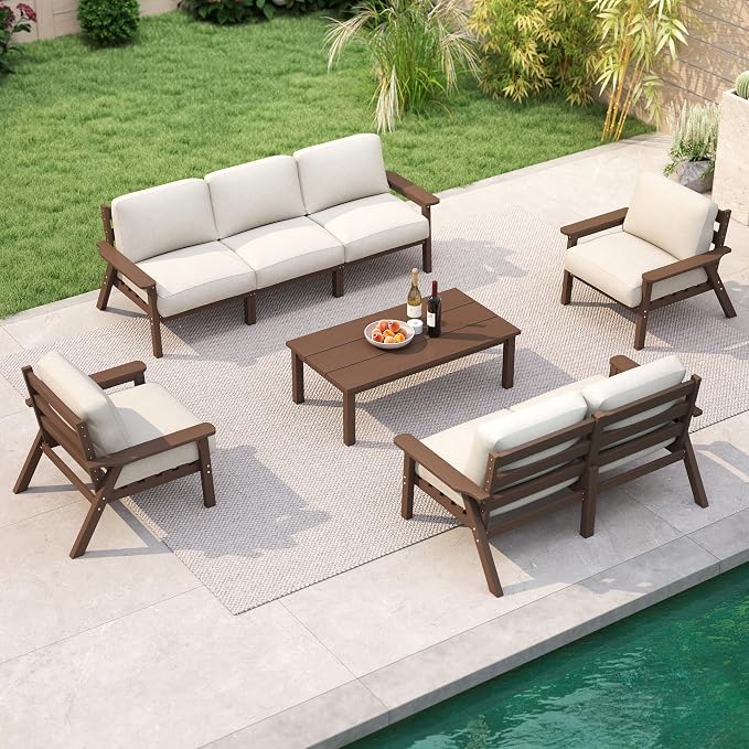 7 Piece Patio Furniture Set, HDPE Outdoor Sectional with Beige Washable Thick Cushions, Coffee Table, Patio Conversation Sets for Lawn, Garden, Porch, Balcony (Brown Frame)