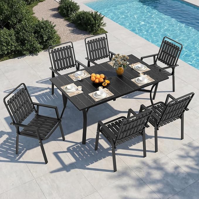 Outdoor Dining Set for 6, Patio Table and Chairs Set with 1.97'' Umbrella Hole, 7pcs Patio Furniture Set 63”x37.8'' Dining Table Set for Porch Deck Backyard Pool