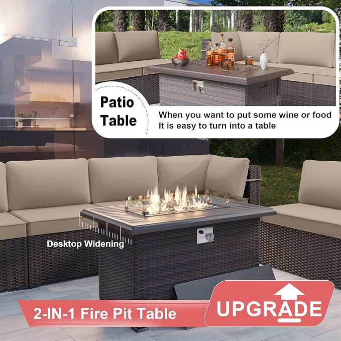 Kurapika 11 Pieces Patio Furniture Set, Rattan Wicker Outdoor Conversation Sets w/43in Propane Fire Pit Table and 4 Inch Cushion(Sand)