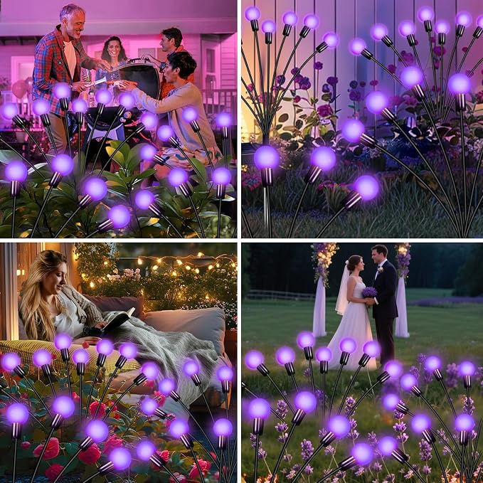 Solar Garden Lights Outdoor Waterproof, Swaying Firefly Light, Garden Decor | 4 Pack Solar Firefly Lights, Auto On/Off Decor for Yard, Patio, Pathway and Lawn, Gifts for Women, Christmas Decor (Purple)