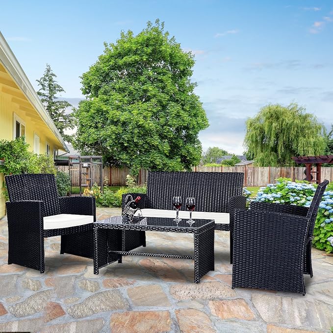 Goplus 4-Piece Rattan Patio Furniture Set, Outdoor Wicker Conversation Sofa with Weather Resistant Cushions and Tempered Glass Tabletop for Lawn Backyard Pool Garden (White(Black Wicker))