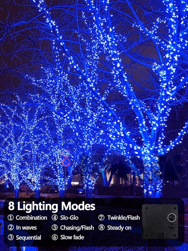 EEW Solar String Lights Outdoor 2 Pack 200 LED Solar Christmas Lights Blue | 8 Lighting Modes, Memory Function, Auto On/Off, 66FT Waterproof Twinkle Lights for Outside Patio Yard Xmas Tree Decorations