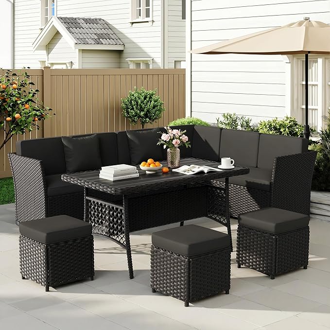 LOUVIXA 7 Pieces Patio Furniture Set, Outdoor Patio Furniture, Wicker Conversation Set with Dining Table, Chairs and Ottoman (17 Modern Black)
